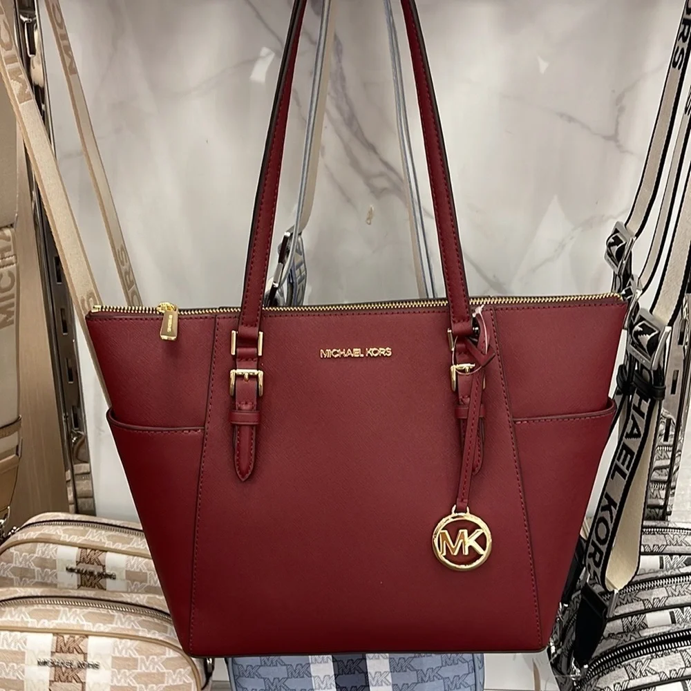 MICHAEL KORS CHARLOTTE LARGE TOP ZIP TOTE DARK CHERRY NWT